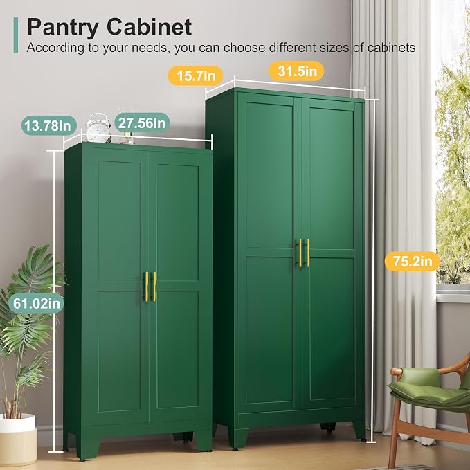 Metal Pantry Cabinet with 2 Doors and 5 Adjustable Shelves, 75"Kitchen Storage cabinets with Gold Handles, Versatile Storage for Laundry Room, Living Room, Bathroom, Dinning Room, Utility Room-Green