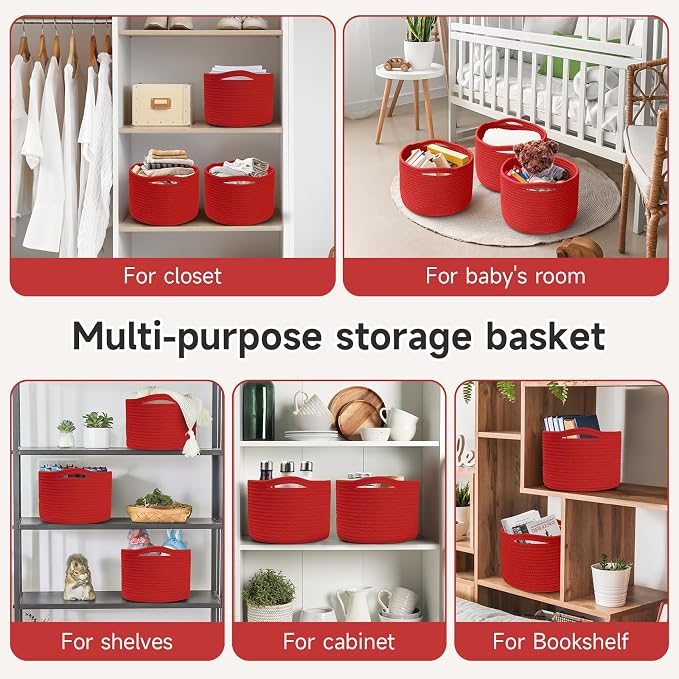 3 Pack Small Rope Storage Baskets, 9.82×9.82×7.1", Red | Cotton Basket for Gifts Empty, Cute Round Woven Basket, Decorative Shelf Basket Organizer, Organizing Basket for Shelves