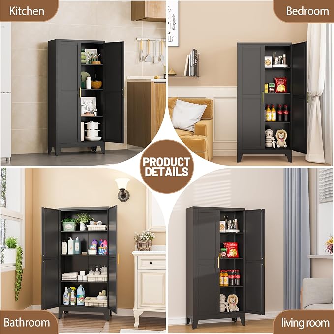 PAOFIN Metal Kitchen Pantry Storage Cabinet with 2 Doors and 3 Adjustable Shelves,Pantry Cabinet with Adjustable Leveling Foot for Kitchen, Living Room, Dining Room（Black）