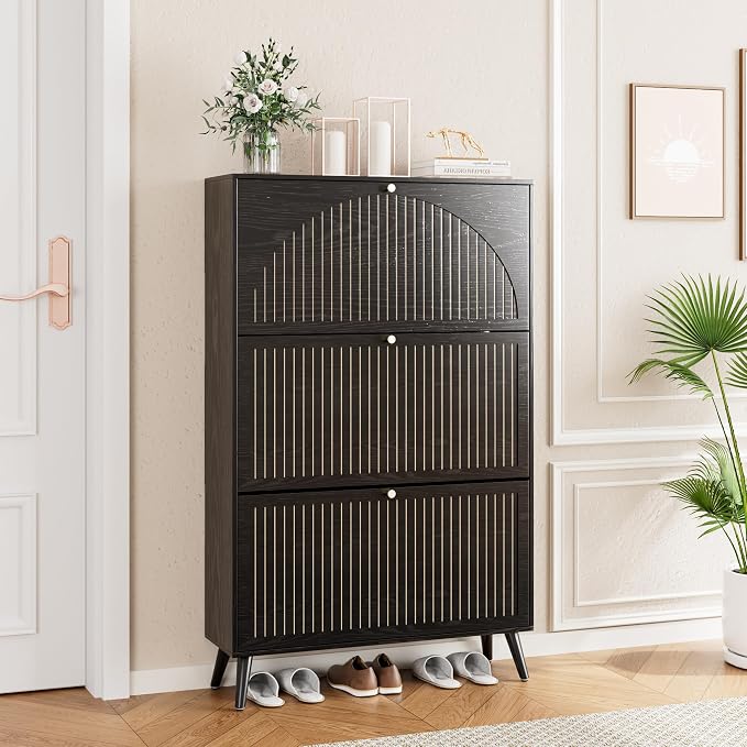Fsbecl Shoe Storage Cabinet for Entryway with 3 Fluted Flip Drawers, Black | Narrow Design, Freestanding Shoe Rack with Adjustment Shelves, Wooden Hidden Organizer for Hallway Foyer, 18-24 Pairs