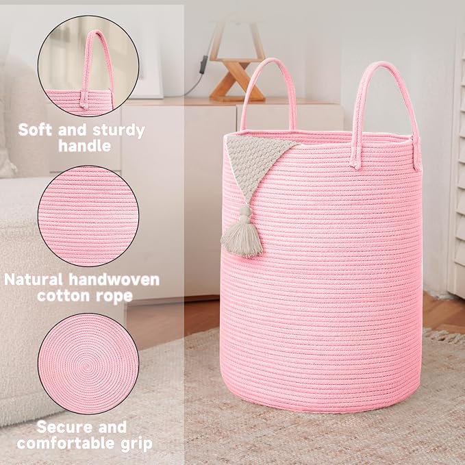 JMvicyroam 100L Cotton Rope Laundry Basket Hamper, Pink | Collapsible laundry basket, reinforced handles, freestanding, machine washable, holds 3-5 thick blankets, clothes or toys