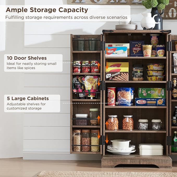 47" Tall Wooden Pantry Storage Cabinet with Door Shelves | Farmhouse, Barn Doors, Adjustable Shelves, Freestanding, Anti-tip Kit, for Kitchen, Dining Room, Living Room