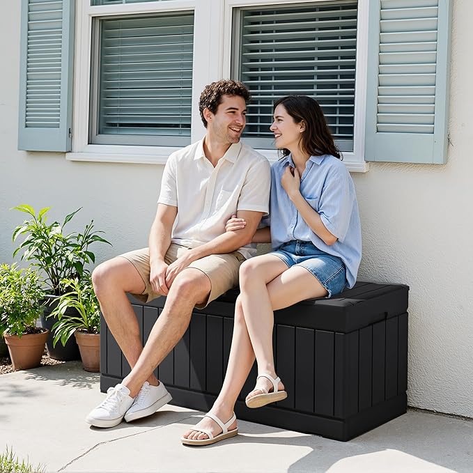 Devoko 78 Gallon Deck Box, Waterproof Resin Outdoor Storage Box | Outdoor Storage Bench Lockable for Outside and Patio Furniture, Garden Tools and Pool Supplies