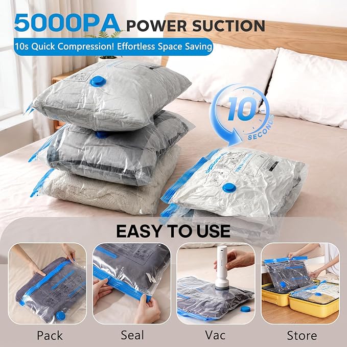 15 Pack Vacuum Storage Bags for Travel with Rechargeable Cordless Pump, Space Saver Bags for Clothes, Compression Packing Bags for Luggage and Suitcase,Blue