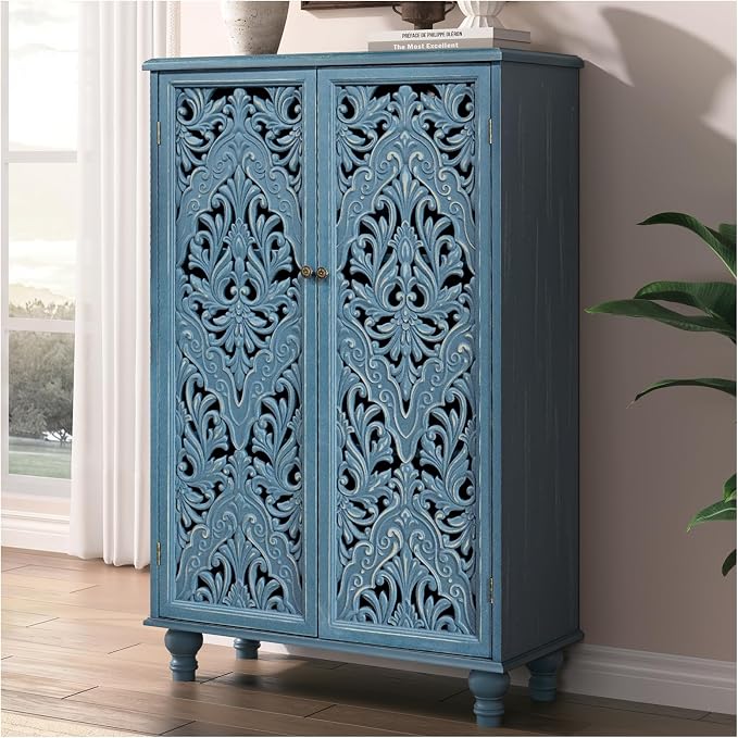 JOINICE 47" Tall Accent Cabinet with Carved Doors & Storage for Living Room | Vertical Storage for Dining Room,Bedroom, Carved Floral Design, Farmhouse & Rustic Style, Adjustable Shelves, Easy Assembly