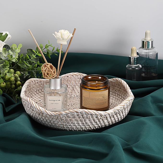 Hipiwe Decorative Key Tray Rattan Storage Bowl Food Serving Basket for Fruit Bread Candy Handwoven Basket Tray for Entryway Table Kitchen, Whitewash 8.5 Inch
