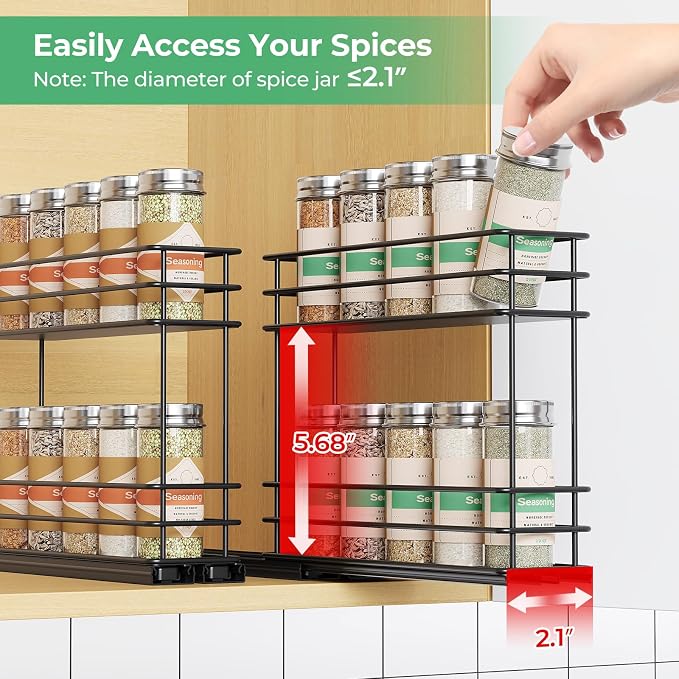 Mystozer Pull Out Spice Rack Organizer for Cabinet, Slide Out Spice Racks, Easy to Install Spice Cabinet Organizers, 5.2" Wx10.43 Dx8.26 H, 2 Packs 2 Tiers(Black)