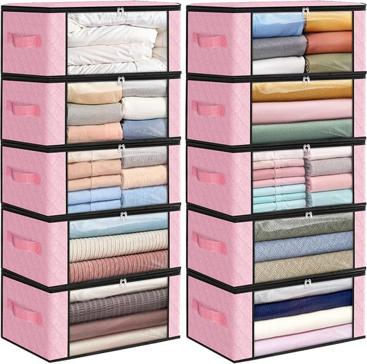 Fab totes 35L Closet Organizers and Storage, Foldable Under Bed Storage Containers, Storage bags for Organizing Bedroom, Closet, Clothing,Organization with Handle (10 Pack,Pink)