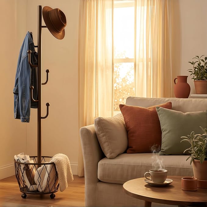 Black Moveable Cactus Metal Coat Rack with Basket Freestanding 65" | Modern Organizer for Scarf Jacket Hat Bags Ideal for Home Entryway Bedroom Corner Stable
