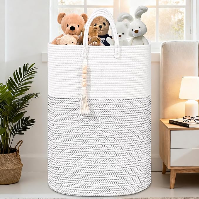 Woven Laundry Basket for Clothes, 50 L Large Rectangle Laundry Hampers with Beads Tassel, Nursery Storage Basket for Toys, Tall Dirty Clothes Hamper for Bedroom Aesthetic, Laundry Room Organization