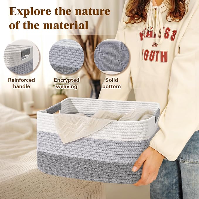 4 Pack Large Storage Basket for Organizing, 17.5"x13"x7" Woven Basket for Shelves, Closet Cube Storage Bins with Wrapped Handle, Cotton Rope Baskets for Kitchen, Clothes, Toys(Gradient Grey)