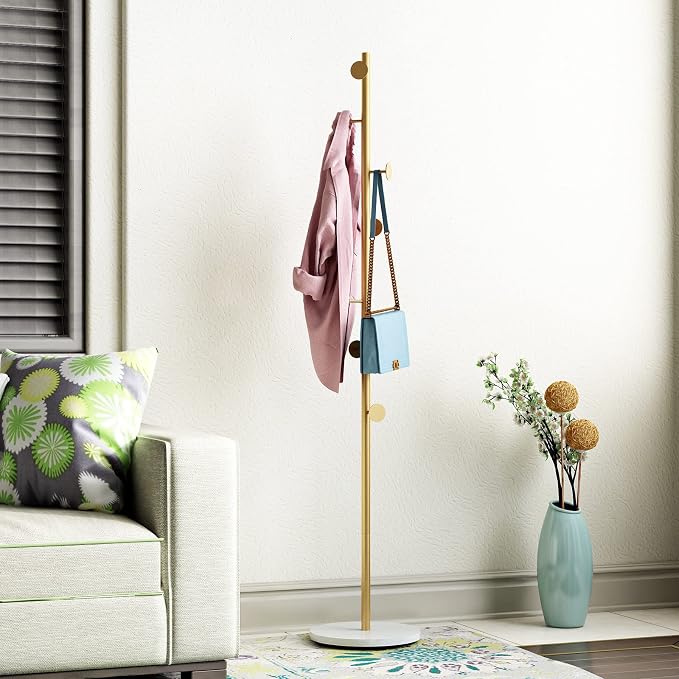Gold Coat Racks with 7 Hooks, Branches Coat Tree Entryway, Freestanding | Modern Hat Rack, Easy to Assemble, Heavy Stable Marble Base