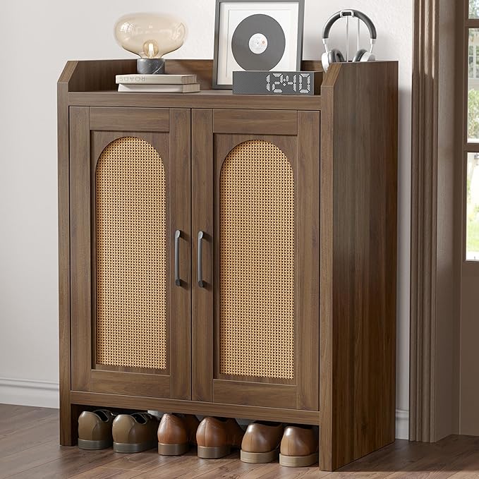 Shoe Cabinet Storage for Entryway, Natural Rattan Storage Cabinet, Wooden Shoe Rack, Farmhouse Boho Wood Shoe Organizer Cabinet for Hallway Walnut