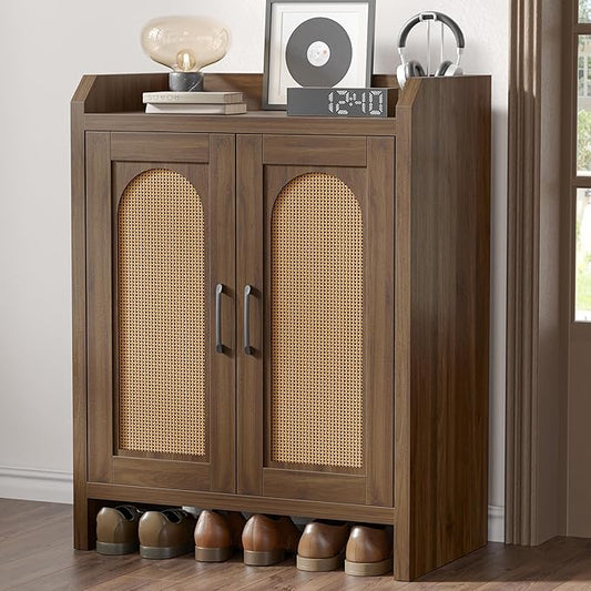 Shoe Cabinet Storage for Entryway, Natural Rattan Storage Cabinet, Wooden Shoe Rack, Farmhouse Boho Wood Shoe Organizer Cabinet for Hallway Walnut
