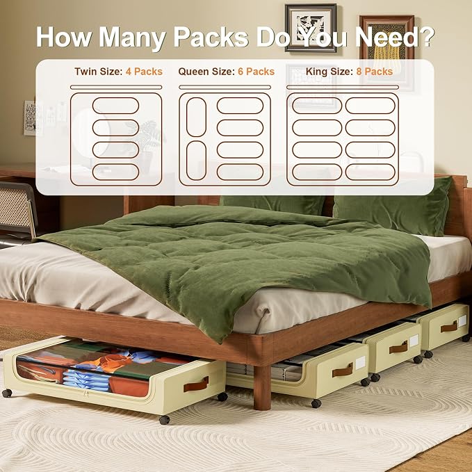 GoMaihe Under Bed Storage with Wheels 48L Beige 2-Pack | Underbed Storage Containers with Lids Rolling Bins for Shoes Clothes in Dorm Bedroom - Metal Drawers Easy Pull-out