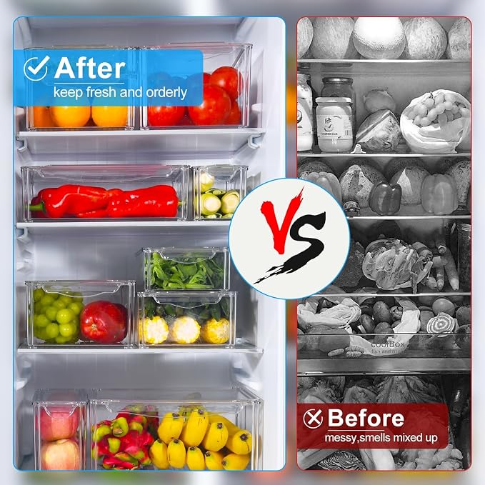 Pure Future 10-Pack Clear Fridge Organizer Containers with Lids, Stackable BPA-Free Refrigerator & Produce Storage Containers with Drain Tray & Anti-Slip Base for Fruits, Veggies & Drinks