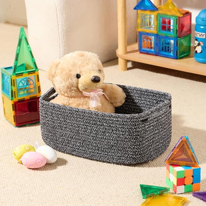 MiniArk Small Storage Baskets for Organizing | Closet Organizer Bins | Shelf Toy Basket | Woven Rope Baskets | Cube Decorative Box | Shallow Basket | 13x8.5x5.1” | 3 Packs Dark Gray