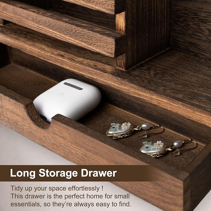 Key Holder Wall Mount, Mail Holder with Storage Drawer and 5 Key Hooks for Coat, Dog Leash, Home Decor Rack, House Accessories, Entry Way Organizer