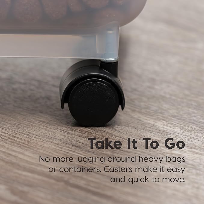 IRIS USA Dog Food Storage Container 58 lbs, Attachable Wheels, for Dog Cat Birds and other Pets, Food Storage Bin, Keep Fresh, Easy Mobility, BPA Free - Made in the USA, Almond/Clear
