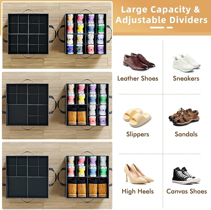 Large Reinforced 2 Pack Shoe Organizer for Closet with Adjustable Dividers | Customizable Compartments for Sneakers, Boots, Heels, Sandals, Clothes, Towels and Toys, Versatile Cube Storage Organizer