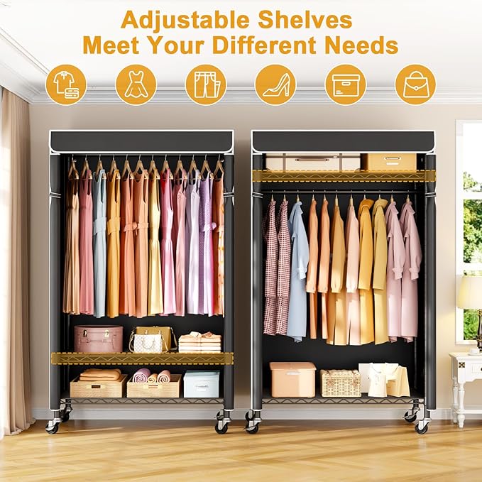 P6C Rolling Clothes Rack with Cover, 3-Tier Covered Clothing Rack | Portable Closets for Hanging Clothes, Heavy Duty Garment Rack on Wheels, Black Closet Rack with Black Cover, Max Load 365LBS