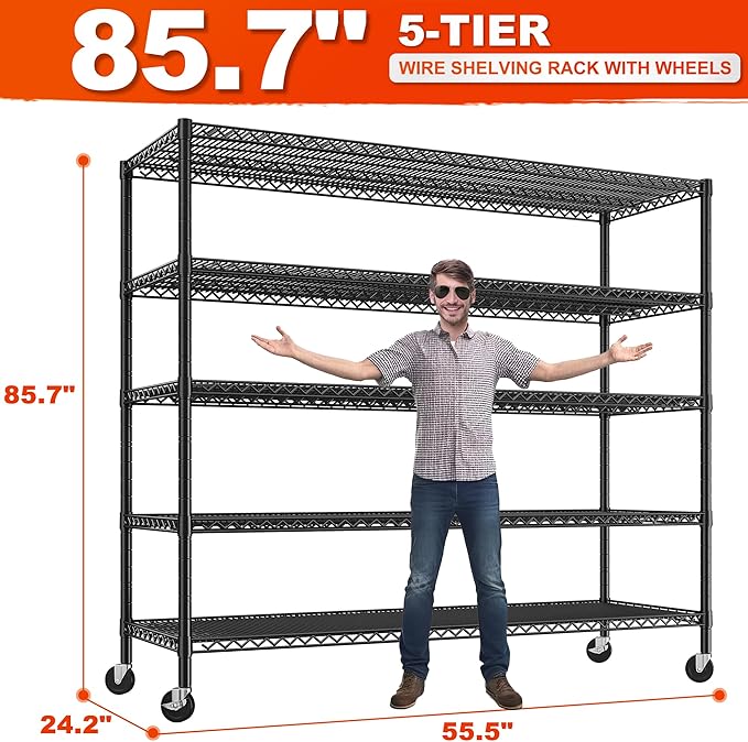 REIBII 85.7"H 5-Tier Garage Shelving with Wheels&Feet, Adjustable, 2998 lbs | 55.5"W x 24.2"D, Rustproof, Lockable wheels, Height-adjustable, Tool-free, For pantry/garage/basement/warehouse/commercial