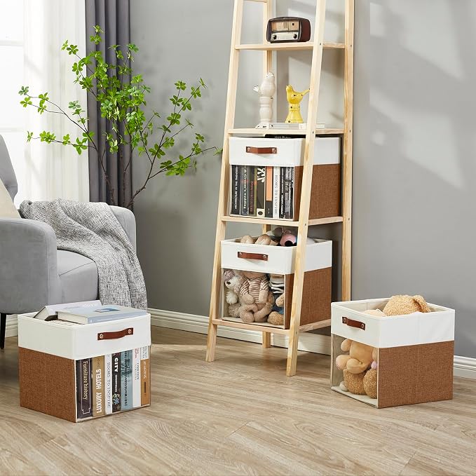 Storage Cubes, 4 Pack Linen Foldable Storage Bins (13 x 13 inch) with Clear Window and Handles, Fabric Organizer for Shelf Closet, Clothes, Books - (Brown and White)