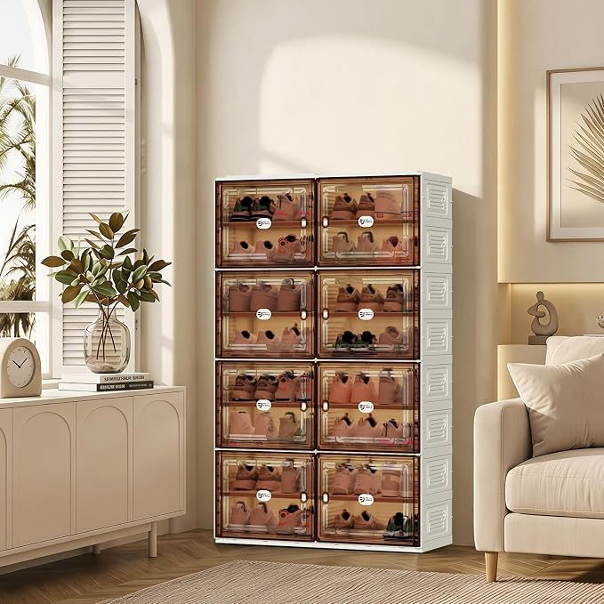 Foldable Shoe Cabinet with Magnetic Clear Doors, Wide Design Shoe Rack for Entryway, Portable Shoe Organizer Meeting Diverse Storage Needs (White, 2Row 8Tier)