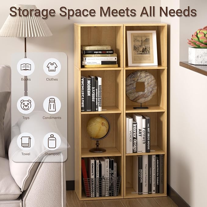 4 Cube Storage Organizer, 4 Tier Cube Low Bookcase Freestanding Storage Display Organizer, Four-Cubes Open Shelf Bookshelf for Home Office (Oak, 4-Cube)