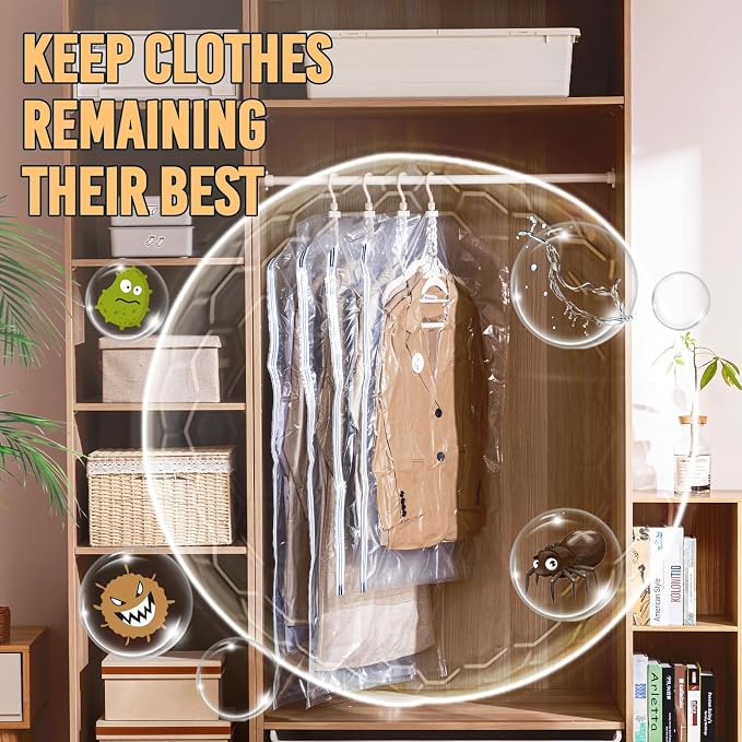 TAILI Hanging Vacuum Sealer Suction Space Saver Storage Bags for Clothes Travel with Electric Air Pump And Rolling Slide Clip for Coats, Closet Organizers, 6 Long