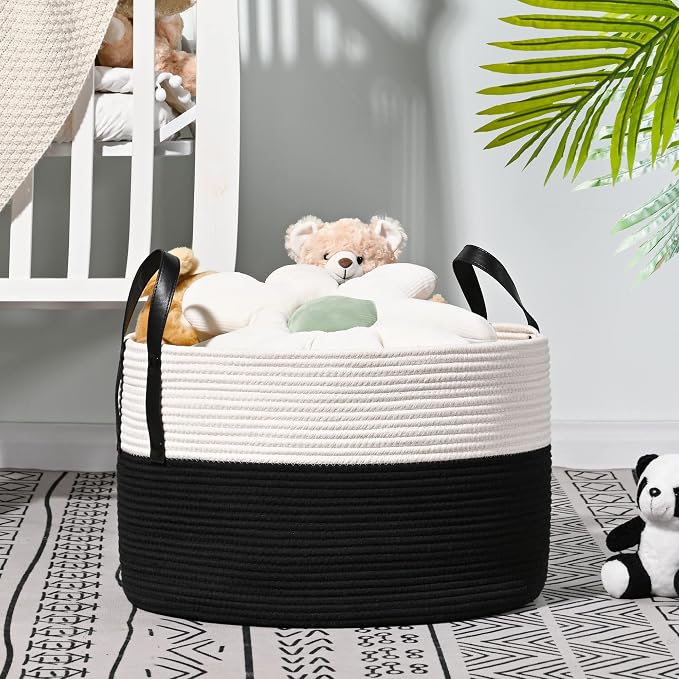 KAKAMAY Large Blanket Basket (20"x13"),Woven Baskets for storage Baby Laundry Hamper, Cotton Rope Blanket Basket for Living Room, Laundry, Nursery, Pillows, Baby Toy chest (White/Black) | Extra Large Capacity | Natural Cotton Rope | Blanket Storage | W...