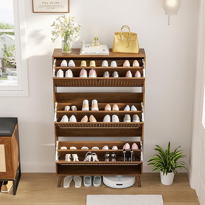 Fsbecl Shoe Storage Cabinet for Entryway with 3 Fluted Flip Drawers, Walnut | Narrow Design, Freestanding Shoe Rack with Adjustment Shelves, Wooden Hidden Organizer for Hallway Foyer, 18-24 Pairs