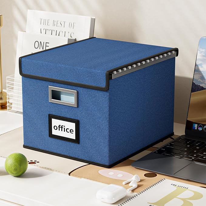 File Organizer Box with Lids, Collapsible File Folder Organizer | File Box with Plastic Slides for Document, Filing Bin for Letter Size Hanging File Folders (2 Pack, Royal Blue)