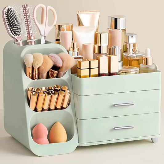 HBlife Makeup Organizer with Brush Holder for Vanity, Large Plastic Bathroom Countertop Organizer Skin Care Storage, Easy to Store Lipsticks, Nail Polishes, Perfumes, Eyeshadow Palettes, All Green