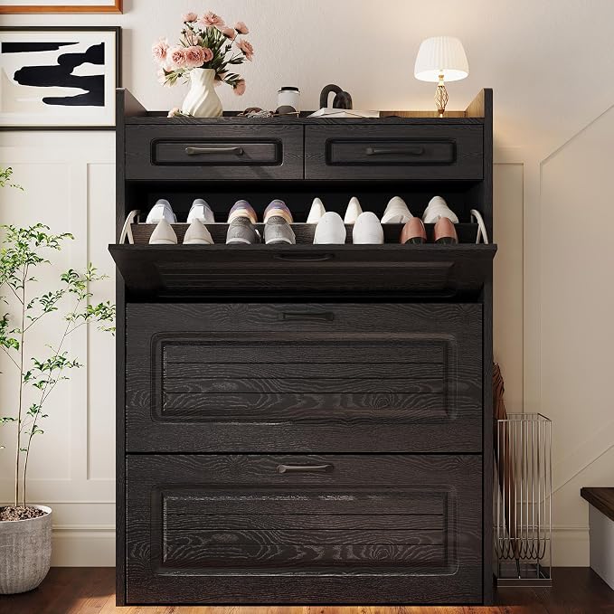 ODUWA Shoe Cabinet with 3 Flip Drawers and 2 Storage Drawers, Shoes Organizer Cabinets with Adjustable Divider, Hidden Shoe Storage Cabinet for Entryway, Hallway, Living Room, Black