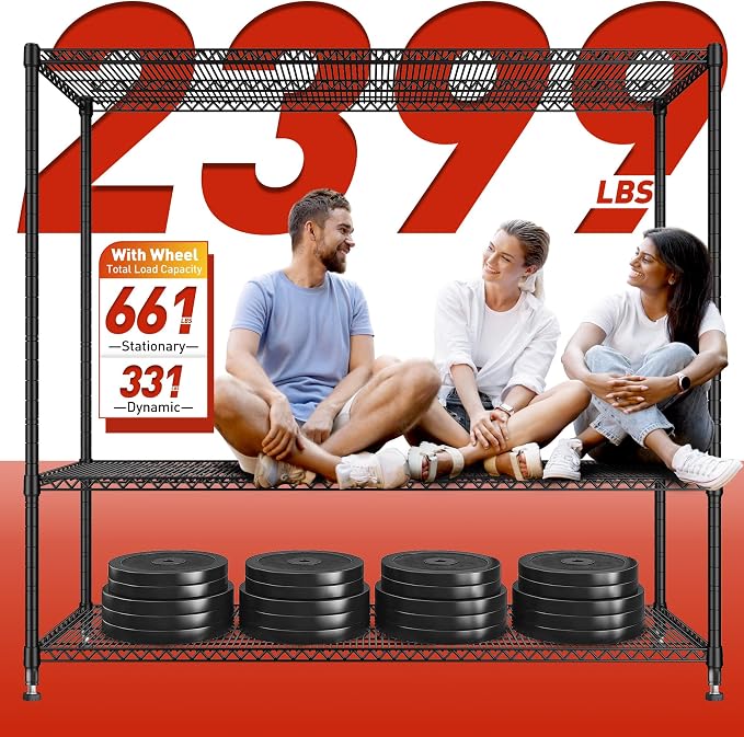 REIBII 60"W 4-Tier Storage Shelves with Wheels, 2399 lbs for Garage Kitchen | Heavy duty metal shelving, 18''D x 65.5''H, Adjustable, Lockable wheels, Tool-free assembly, For pantry basement commercial