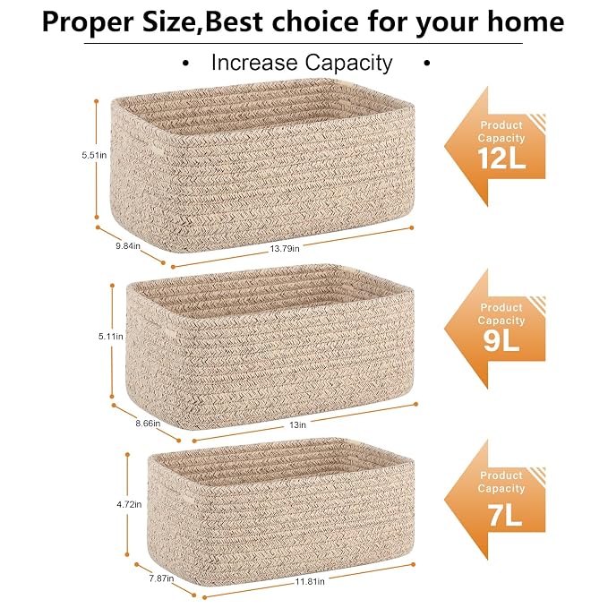 OIASKET 4 Pack Small Storage Shelf Baskets for Organizing, Mini Woven Rope Storage Bins for Towels, Cute Decorative Closet Organizer，Baby Nursery, Gift Empty Baskets -13.78''Lx9.84''Wx5.51''H-Brown