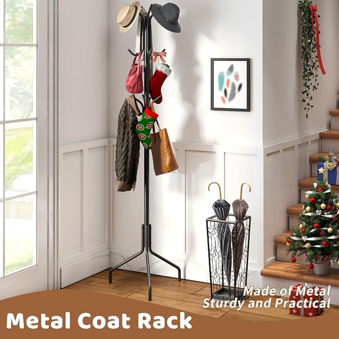Coat Rack Freestanding Coat Tree Standing Coat and Hat Hanger Jacket Organizer Rack Metal,18.3" L x 18.3" W x 71.5" H, Black