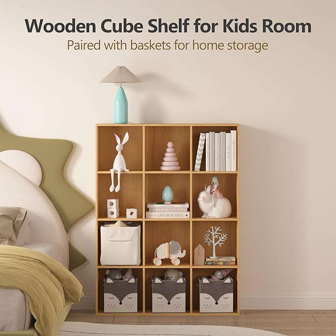12 Cube Storage Organizer, Wooden Cube Shelves with Closed Back Panel, Reversible Bookcase, Cubes Closet Organizer for Home, Living Room, Kids Room, Office, Bedroom, Study, Hallway
