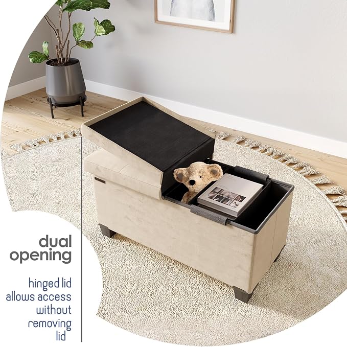 Storage Ottoman Bench with Bins, 30-in Storage Bench for Bedroom End of Bed, Folding Foot Rest Ottoman for Living Room Max 660lbs, Velvet Ottomans, Beige
