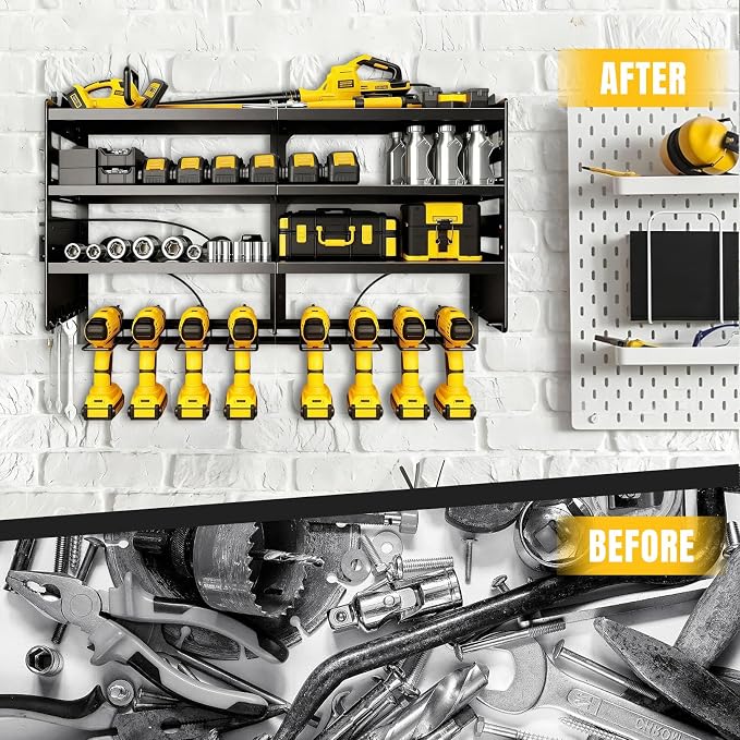 Heavy Duty Power Tool Organizer Wall Mount with Charging Station with 4 Power Strip, 4 Layer Tool Storage Rack with 8 Drill Holder, 700 lbs load capacity