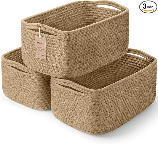 3-Pack Storage Baskets for Organizing | Woven Shelf Toy Basket | Rope Baskets for Gifts Empty | Closet Organizer Bins with Handles | Cube Decorative Box | 13.7×7.1×6.7” | Brown