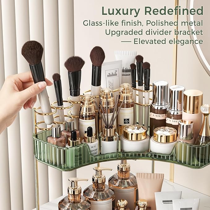 BEFSOP Corner Bathroom Counter Organizer, Upgraded 3-Tier Makeup Organizer Countertop with Makeup Brush Holder, Skincare Exquisite Vanity Organizers Countertop Bathroom Storage Dresser(Green)