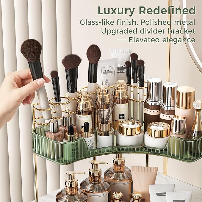 BEFSOP Corner Bathroom Counter Organizer, Upgraded 2-Tier Makeup Organizer Countertop with Makeup Brush Holder, Skincare Exquisite Vanity Organizers Countertop Bathroom Storage Dresser(Green)