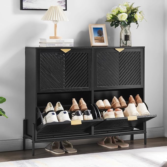 Shoe Cabinet with 4 Flip Drawers, Narrow Entryway Rack, Black | Slanted Wood Grain, Freestanding, Adjustable Compartments, Removable Middle Shelf, Metal Handles, for Hallway Foyer Entrance
