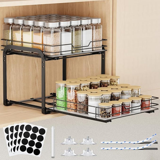 Pull Out Spice Rack Organizer for Cabinet, 2 Tier Metal Seasoning Organizer Slide Out Spice Storage Shelf, Heavy Duty Vertical Spice Rack Pullout for Kitchen, with Labels, 11.5W" X 10.5"D X 9"H