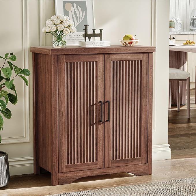 29" Fluted Sideboard Buffet Cabinet with Storage,Walnut | Modern Credenza with 2 Doors & Adjustable Shelves,Coffee Bar Table Console for Dining Room Kitchen Living Room Entryway