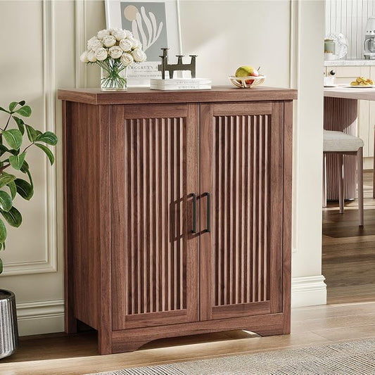 29" Fluted Sideboard Buffet Cabinet with Storage,Walnut | Modern Credenza with 2 Doors & Adjustable Shelves,Coffee Bar Table Console for Dining Room Kitchen Living Room Entryway