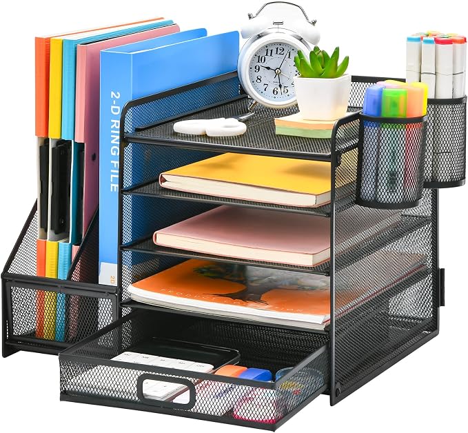 Marbrasse Desk Organizer with File Holder, 5-Tier Paper Letter Tray Organizer with Drawer and 2 Pen Holder, Mesh Desktop Organizer and Storage with Magazine Holder for Office Supplies(Black)