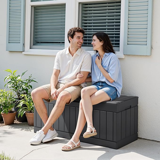 Devoko 78 Gallon Deck Box, Waterproof Resin Outdoor Storage Box | Outdoor Storage Bench Lockable for Outside and Patio Furniture, Garden Tools and Pool Supplies
